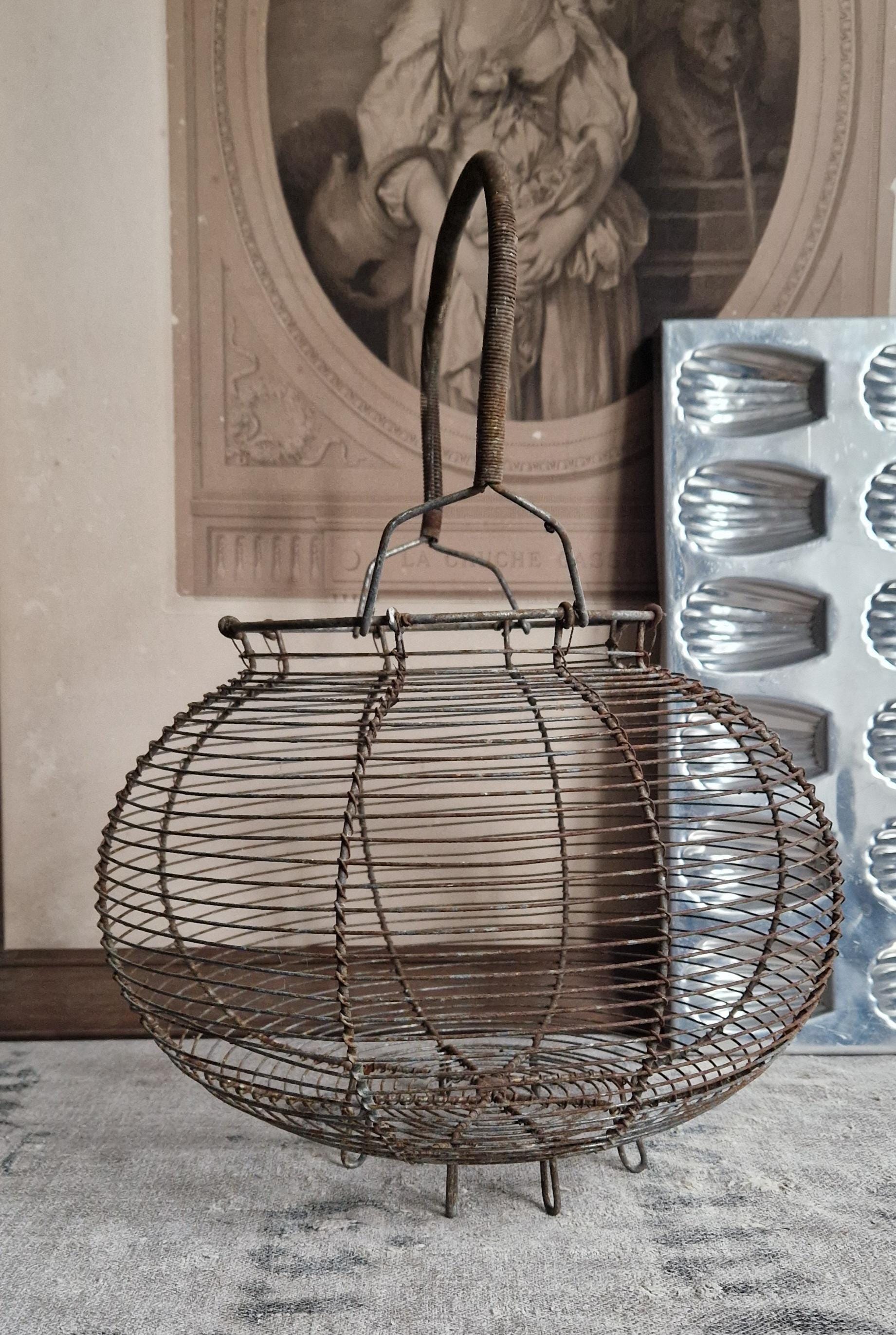 アンティークの卵バスケット、ワイヤー、希少、大型、フランスの