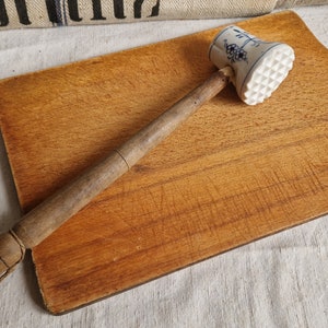 Antique meat tenderizer hammer made of porcelain onion pattern shabby vintage France