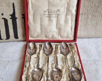 Antique 6 cucharas de moca Cucharas de café Buss & Co Shabby vintage Bruxelles motivo de caza plateado incluye caja original