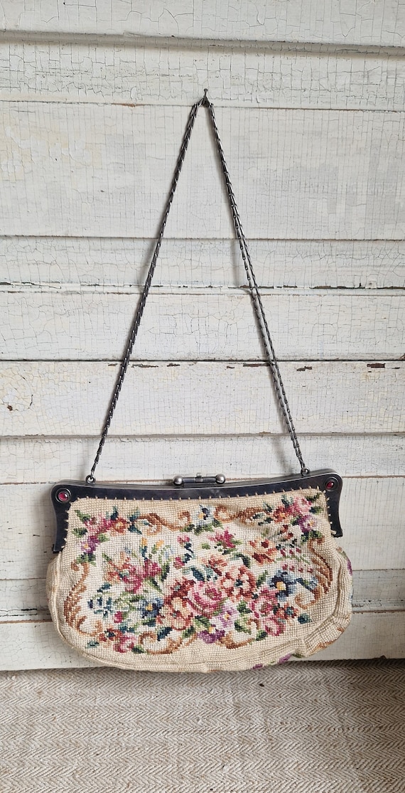 Evening bag handbag tapestry handmade around 1900… - image 1