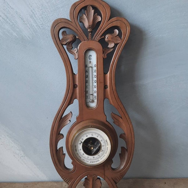 Barometer weather station Art Nouveau wood shabby vintage antique France