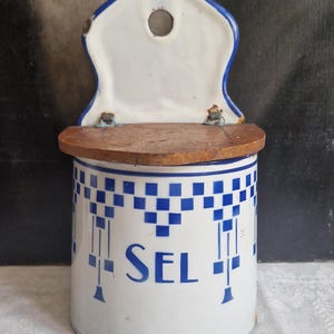 Antique salt box Lustucru salt container made of enamel Shabby vintage antique from France with inscription Sel