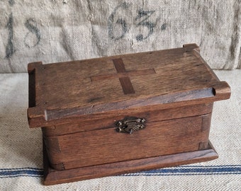 French oak casket box with cross from a parsonage Shabby vintage ca 1900