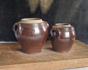 2 Antique Confit Pots, Stoneware, Shabby Vintage, French Vintage Decor, Set of Miniatures