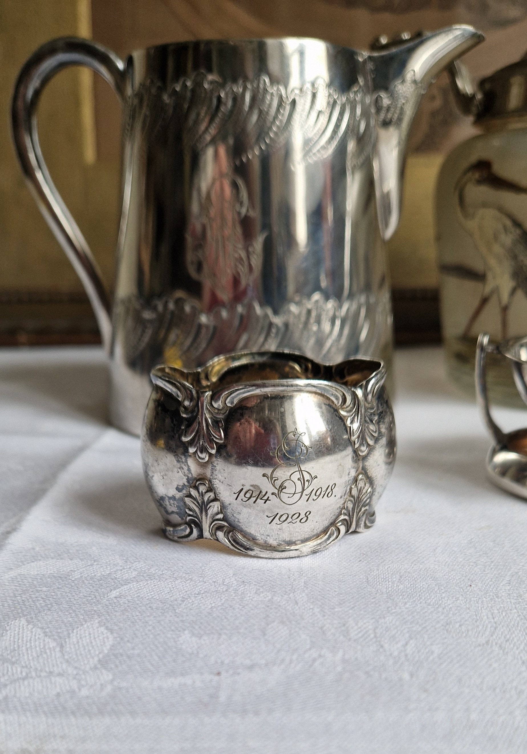 アンティークナプキンリング、彫刻入り、1914～1918年、モノグラム、銀