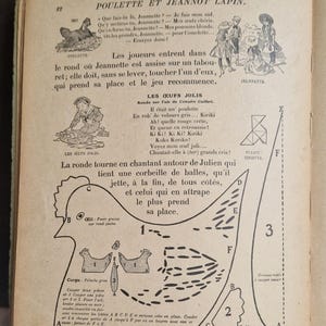May include: An open book page with French text and illustrations. The page features a drawing of a chicken and instructions for a game. The text includes phrases like "Poulette et Jeannot Lapin" and "Les oeufs jolis."