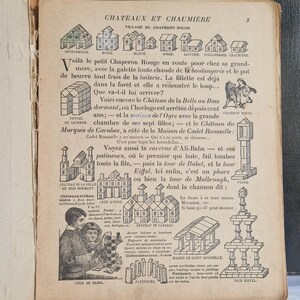 May include: An open book page with illustrations and French text. The page features drawings of buildings, people, and scenes from a story, including a castle and a tower. The text is in black ink.