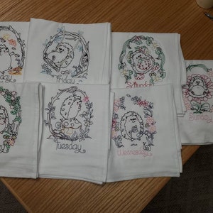 Flour sack dish towels. Days of the week Hedgehog