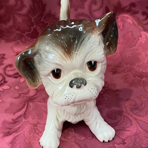 Può includere: Una statuetta in ceramica di un piccolo cane bianco con macchie marroni. Il cane ha grandi occhi marroni e un naso nero. La statuetta è seduta su una superficie di tessuto rosso.
