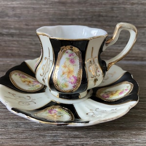 Vintage Occupied Japan Demitasse Tea Cup Saucer Black Floral Gold China Mark