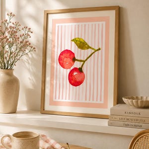 Cherry Wall Art Print, Cherry Kitchen Decor, Watercolor Cherry Poster, Minimalist Fruit Illustration, Orchard Notes