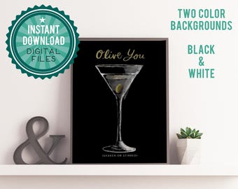 Olive You Martini Art Print: Karta z kalamburem koktajlowym do pobrania w wersji cyfrowej