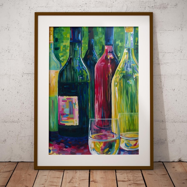 Impression d'art de bouteilles de vin colorées : peinture de table à vin vibrante