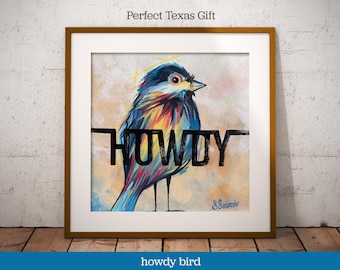 Grafika ścienna „Howdy Bird”, nadruk z ptakiem z Dzikiego Zachodu, kolorowy wystrój wiejskiego domu, prezent z Teksasu