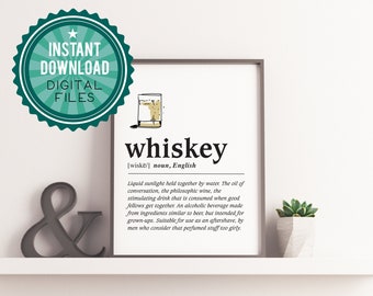Definicja whisky – grafika do druku, zabawna dekoracja ścienna dla miłośnika whisky, cytat o whisky, rustykalny wystrój baru, prezent dla niego, wózek barowy, pobierz