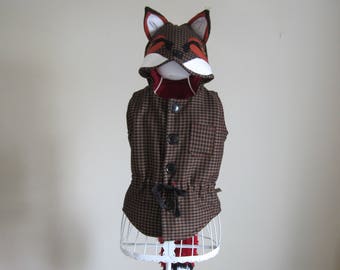 Fox Hooded Waistcoat Made of Light Tweed Outer, With a Red Fleece Lining and Wool Tail, Great for Kids Who Love Foxes