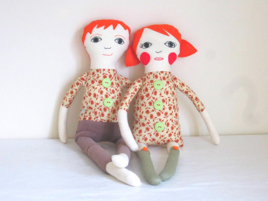 Handmade Rag Dolls: Calico Boy and Girl Pair With Embroidered Faces - Etsy