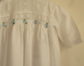 Upcycled Vintage Cotton Christening, Baptism or Baby Naming Day Outfit With Blue Satin Rosebud Detail