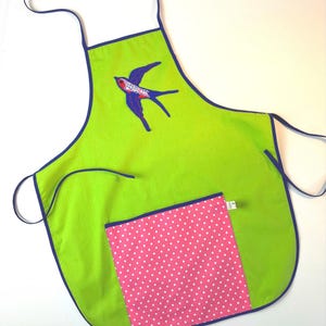 Child's Apron Made of Bright Coloured 100% Cotton Fabrics with Useful Pocket and Bird Applique Detail Ideal Gift for Little Bakers