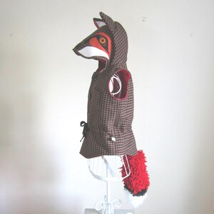 Fox Hooded Waistcoat Made of Light Tweed Outer, With a Red Fleece Lining, Foxy Faced Hood and Wool Fox Tail Suitable for Boys and Girls