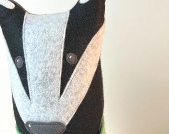 Handmade Felt Badger Desk Toy with Moss Green Scarf