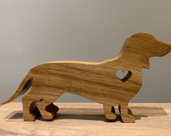 Dachshund love, solid oak Sausage Dog ornament with heart. Anniversary gift, birthday present. Dog gift, puppy gift.