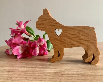 French Bulldog love, solid oak French Bulldog ornament with heart. Anniversary gift, birthday present. Dog gift, puppy gift.