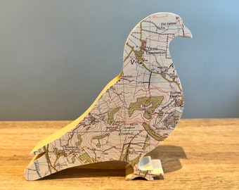 Map pigeon wooden pigeon, map covered wooden pigeon,handmade pigeon gift. farmer gift, Pigeon fancier, bird gift. Map gift.
