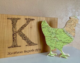 Map chicken, wooden chicken map gift, wooden map art. Personalised with a map of your choice.