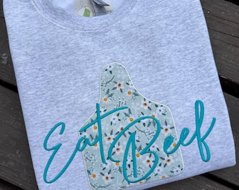 Eat Beef Embroidered Sweatshirt | Eat Beef Embroidered Crewneck | Eat Beef Sweatshirt | Eat Beef Crewneck | Cow Tag Embroidered Sweatshirt
