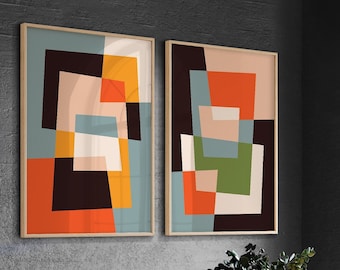 Geometric Abstract Art Prints | Bold Mid Century Modern Wall Decor | Printable Set of 2 | Instant Digital Download