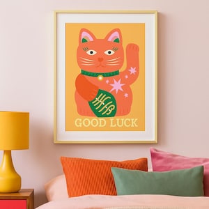 Japanese Fortune Cat Poster: Maneki Neko Lucky Cat Art Print (Digital Download 27x36&quot;)