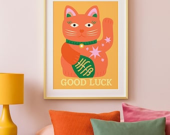 Japanese Fortune Cat Poster: Maneki Neko Lucky Cat Art Print (Digital Download 27x36")