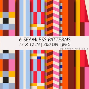 Könnte beinhalten: Sechs nahtlose Muster mit geometrischen Designs in verschiedenen Farben, darunter Rosa, Orange, Blau und Braun. Jedes Muster ist 30,48 cm x 30,48 cm groß. Das Bild enthält auch den Text "6 SEAMLESS PATTERNS 12 X 12 IN | 300 DPI | JPEG by RodaViva Studio."