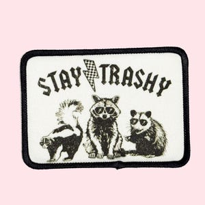Stay Trashy Raccoon Iron on Patch. Kayaking Iron on Patch, Iron on Patch, Trucker Hat Patch, Cowboy Patch, Jacket Patch, Raccoon Patches