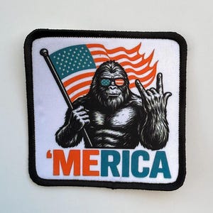 Merica Sasquatch Patch, Trucker Hat patch, Summer Patch, Western Patch, Sublimation Iron on patch, July 4 Trucker Patch