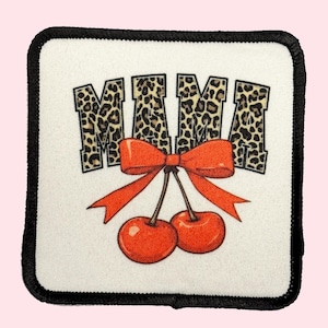 Mama Cherries Bow Iron on Patch, Trucker Hat patch, Summer Patch, Western Patch, Sublimation Iron on patch, coquette bow patches