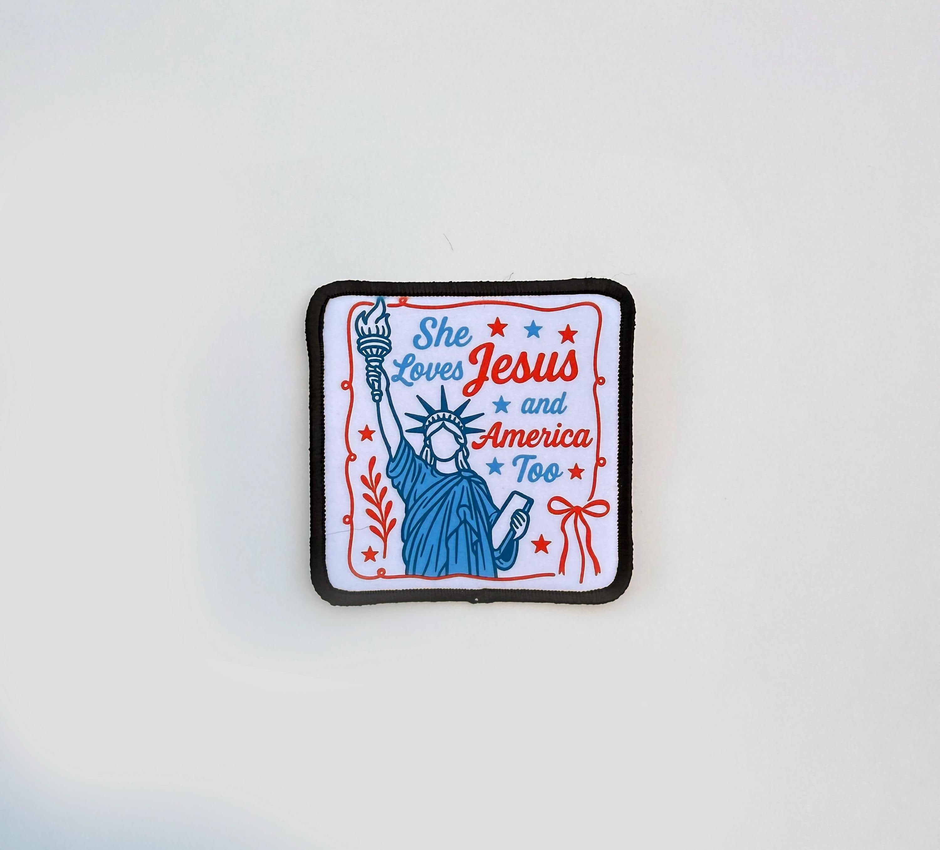 She Loves Jesus and America Too, Trucker Hat patch, Summer Patch, Western Patch, Sublimation Iron on patch, July 4 Trucker Patch, Liberty