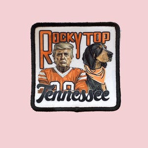 May include: Square patch with a black border featuring an illustration of a man in an orange football jersey and a dog wearing an orange bandana. The text "Rocky Top" and "Tennessee" are also displayed.