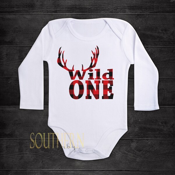 Wild One Birthday Shirt, One, 1 Birthday, 1st Birthday, Deer Antlers, Wild One, Bodysuit, Buffalo Plaid, Wild One Birthday Shirt, Cake Smash