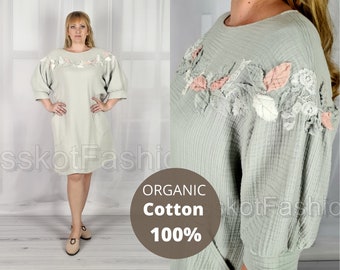 Cotton dress / Boho Dress with Pockets / Bohemian Dress / Natural Organic Cotton gown / Muslin dress sleeves / plus size cotton dress gown
