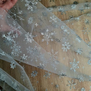 Winter Snowflakes Mesh Tulle | Snowflake and stars tulle fabric | Glitter Fabric | Fabric Christmas tulle | Snowflakes Blue Glitter Tulle |