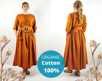 Terracotta Organic Cotton dress, Muslin dress, Organic cotton dress, Gauze dress, Oversized dress, long cotton dress, Plus size dress