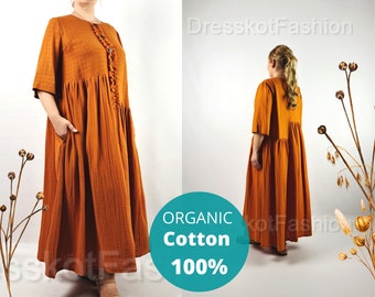 Terracotta Organic Cotton dress, Muslin dress, Cottagecore dress, Gauze dress, Oversized summer dress, summer kaftan, Plus size cotton dress