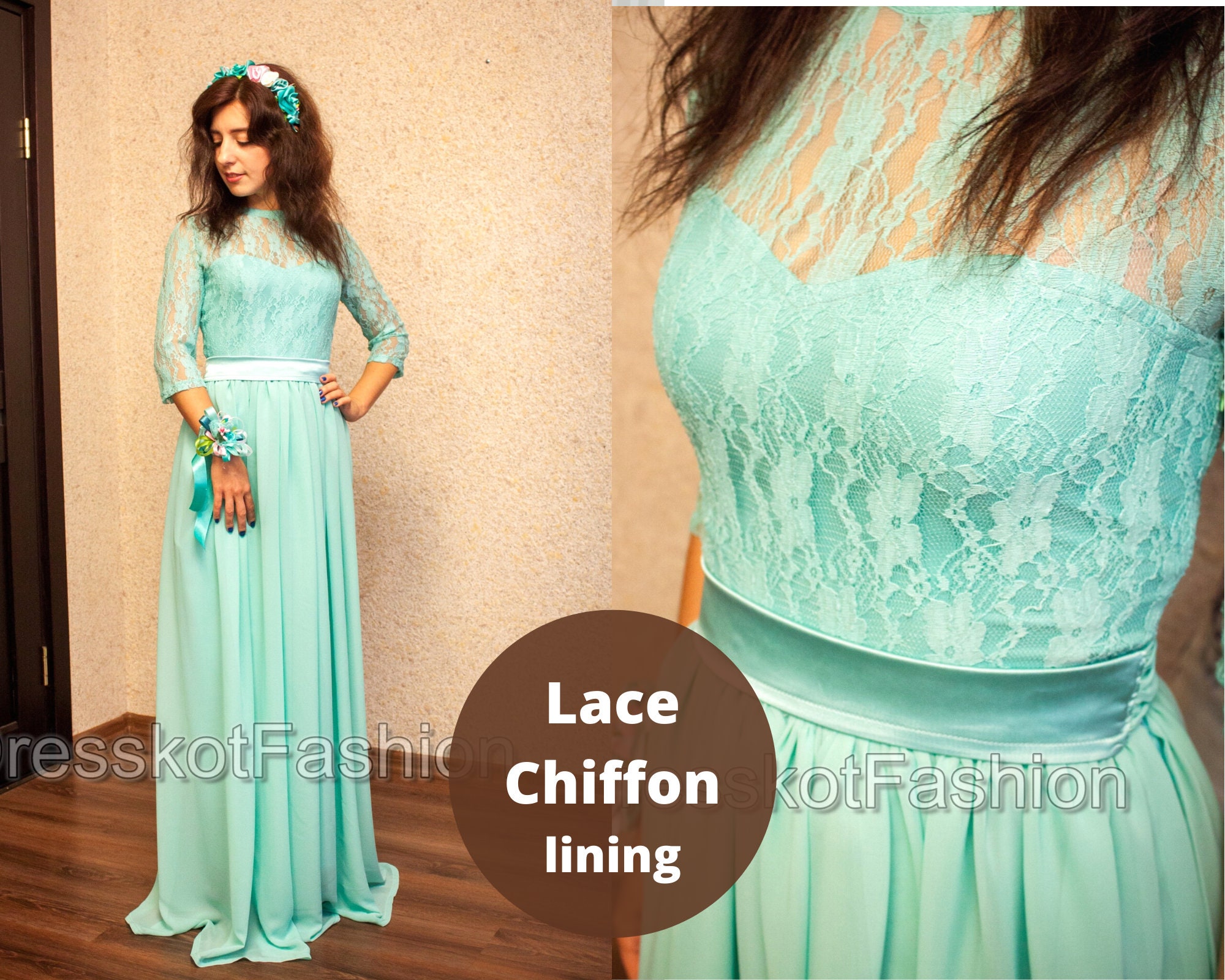 Aqua Blue Lace Chiffon Bridesmaid Dress 