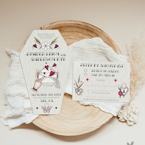 Wedding Invitations, Alternative Wedding, Til Death Wedding, Coffin Wedding Invitations, Alternative Bride, Off Beat Bride Decor, Invitation