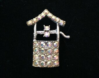 Vintage Floral Wishing Well Brooch Gold tone Faux Pearls and Rhinestone Flowered Wishing Well Brooch Delicate Wire work brooch