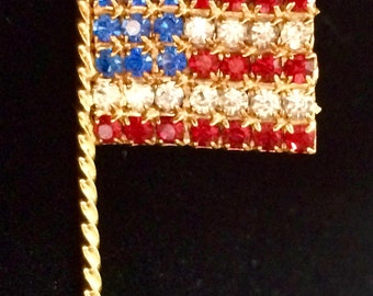 Vintage Goldtone USA Flag Brooch with Rhinestones