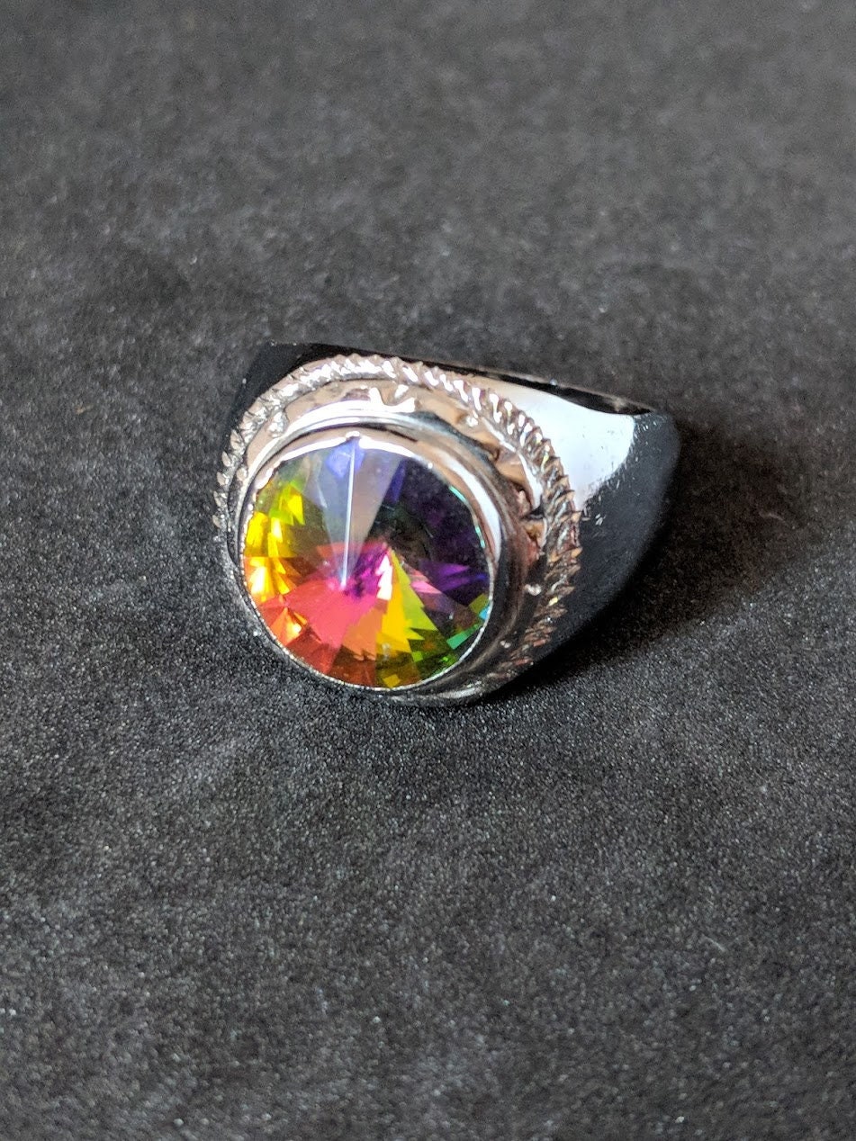 Old Vintage Sterling Silver Ring Aurora Borealis Crystal Foiled Genuine 1950s Large Solitaire 925 Womens Jewelry Jewellery UKO.5 US7.5