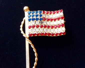 Vintage Goldtone USA Flag Brooch with Red, Clear, and Blue Rhinestones